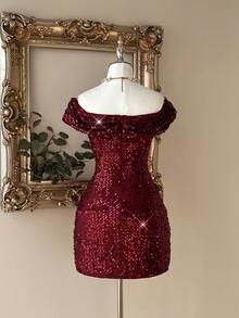 Lovelzi Elegant, Romantic, Fashionable, Sexy, Shiny, Charming, Dark Red, Sequined Fabric, Tight Dress, Suitable For Nightclubs, Parties, Vacations, Cocktail Parties, Birthday Parties, Afternoon Tea Wear, Cocktail Dresses