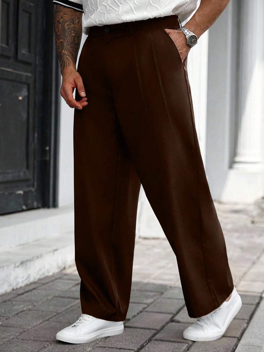 Manfinity CasualCool Plus Size Men Solid Color Pocket Straight Leg Loose Casual Pants, Fall - Burgundy - View 1