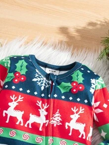SHEIN Babygirl Cute Christmas Knitted Cartoon Pattern Long-Sleeved Home Clothes Set,Red And White Stripe,Autumn,Lounge Snug Fit Elk Snowflakes Polar Bears - Multicolor - View 3