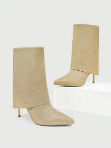 CUCCOO SZL Women's Pointed Toe High Heel Boots, Glitter Fabric Design, Fashionable, Comfortable For Daily, Party, And Banquet, Side Zipper Closure