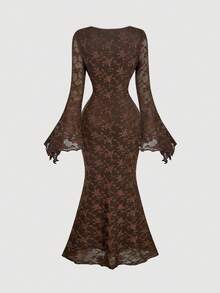 SHEIN MOD 女式 V 领喇叭袖前系带腰身修身植绒美人鱼连衣裙，棕色 - 棕色 - 查看 2