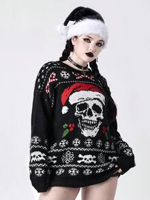 ROMWE Goth 哥特风格圣诞骷髅圣诞帽宽松套头衫 - 黑色 - 查看 5