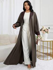 Al Najma 休闲优雅中东女式阿拉伯长袖阿巴亚开衫，秋冬 - 卡其色 - 查看 6