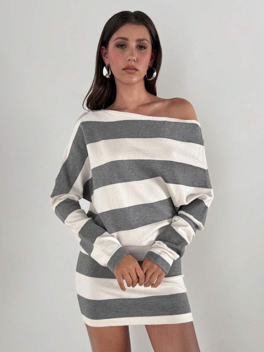 Aloruh Vestido de suéter mini con hombros descubiertos y rayas para mujer en otoño/invierno - Gris - Ver 1