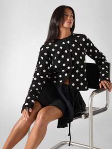 LYSMO 2025新款极简主义冬季女式波点图案长袖单排扣休闲针织开衫，适合秋季、新年、圣诞节、感恩节派对穿着 - 黑色 - 查看 7