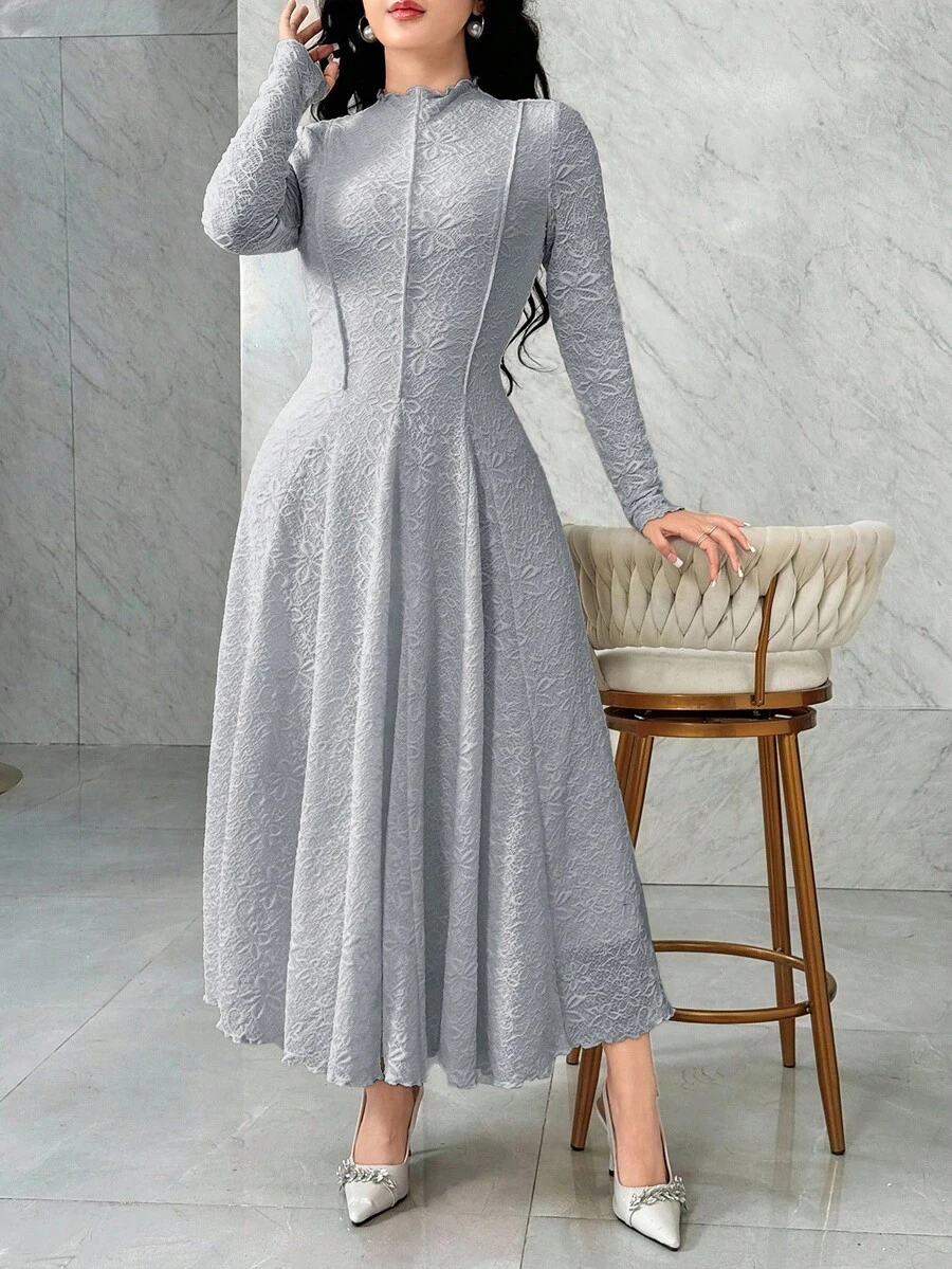 女式优雅纯色蕾丝连衣裙 - 灰色 - 查看 1