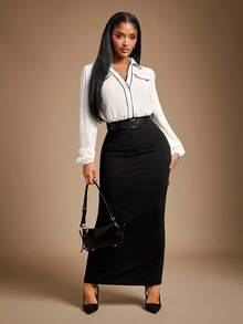 Radiana Women's Elegant Black & White Contrast Color 2 In 1 Splicing Shirt Dress,Long Sleeve Maxi Dress For Office,Autumn,Professional Casual Business Wear - Black and White - View 3