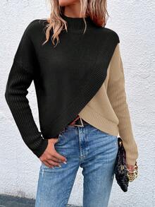 EMERY ROSE Women's Contrast Color Stand Collar Drop Shoulder Long Sleeve Casual Pullover Sweater, Autumn/Winter - Multicolor - View 4