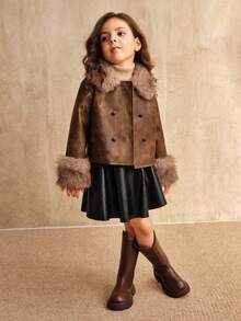 SHEIN 少女休闲长袖双排扣毛领夹克，秋冬 - 酒紅色 - 查看 3