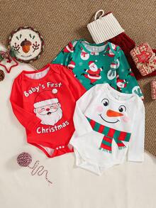 SHEIN 3件套男婴圣诞套装，可爱圣诞老人和雪人印花长袖连体衣，适合居家、休闲、节日派对穿着 - 彩色 - 查看 4