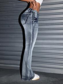 SHEIN ICON Quần jeans ống loe co giãn giặt mùa đông cho nữ cỡ lớn, quần denim thanh lịch - Rửa trung bình - Xem 6