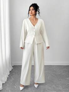 SHEIN Tall CURVE Women Elegant Long Sleeve Blazer And Pants Set, Business/Commuting Style, Suitable For Summer, Independence Day, Graduation, Back To School - White - View 3