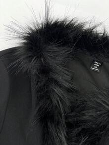 SHEIN CURVE+ 大码女式黑色 Y2K 人造毛皮装饰系带短款夹克，适合冬季 - 黑色 - 查看 6