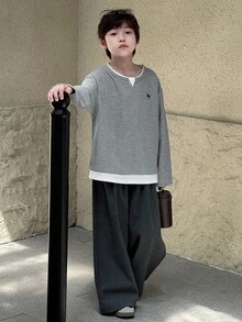 DAZY 青少年男孩独角兽印花长袖休闲二合一T恤，秋季 - 灰色 - 查看 2