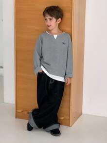 DAZY 青少年男孩独角兽印花长袖休闲二合一T恤，秋季 - 灰色 - 查看 9