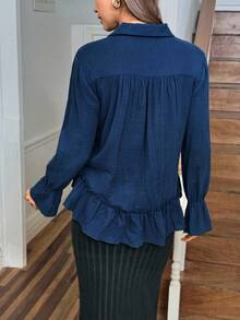 LanaWest Women's Boho Style Navy Blue Collar Long Sleeve Ruffle Hem Loose Casual Vacation Solid Color Shirt - Navy Blue - View 2