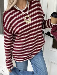 Livesso Áo len dài tay cổ tròn in họa tiết sọc thường ngày cho nữ, mùa thu - Màu Đỏ Sâu - Xem 5