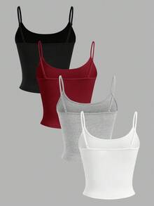 SHEIN EZwear 4 件套女士紧身短款休闲背心，颜色有黑色、酒红色、灰色和白色 - 彩色 - 查看 3