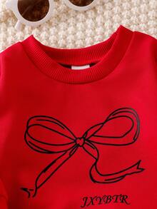 2pcs Baby Girls Casual Bow Print Long Sleeve Sweatshirt And Knit Leggings Set, Cute And Fashionable For Autumn Red And Black Outfit Toddler Girl Toddler Girl Sets Winter Kids Winter Clothes Baby Girls Sets Baby Girl Full Sleeve With Pant