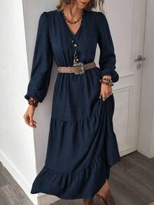 LanaWest Women's Autumn Bohemian Casual Vacation Style Rust Brown Design V-Neck Long Sleeve Patchwork Dress - Navy Blue - View 3