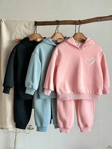 LMoss Kids Conjunto de moletom com capuz e leggings com estampa de corações, 6 peças, cor sólida, para meninas. Ideal para irmãs. Estilo confortável para outono e inverno. Roupa aconchegante para o inverno. Moletom com capuz, blusa de manga comprida, conjunto para ficar em casa. - Multicolorido - Ver 3