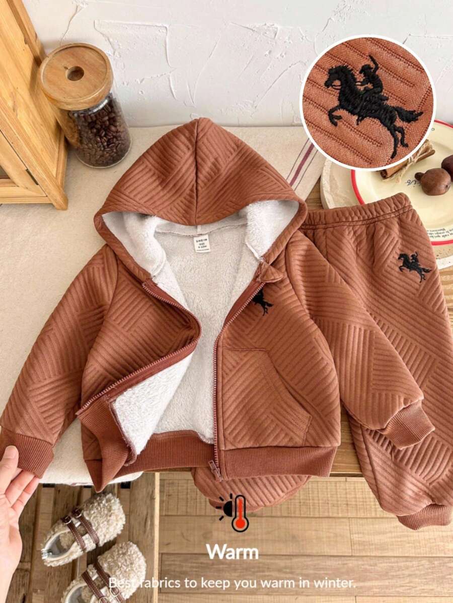 LMoss Kids LMoss 2pcs Baby Boy Knitted Solid Color Embroidered Hoodie Jacket And Pants Set, Long Sleeve, Cozy Fall & Winter Styles, Clothes, Baby Boy Clothes, Winter Set - Brown - View 1