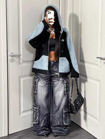 BamGleam Women's Autumn/Winter Long Sleeve Zipper Collar Casual Pocket Design Hooded Patchwork Sherpa Sweatshirt