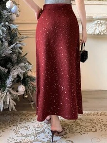 DAZY Women's Elegant Sequin Sweater Skirt, Autumn,New Year,Christmas Winter Women Skirts - Burgundy - View 2