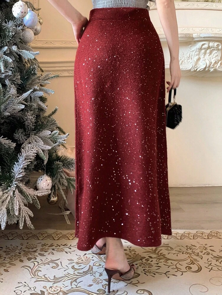 Women's Elegant Sequin Sweater Skirt, Autumn,New Year,Christmas Winter Women Skirts