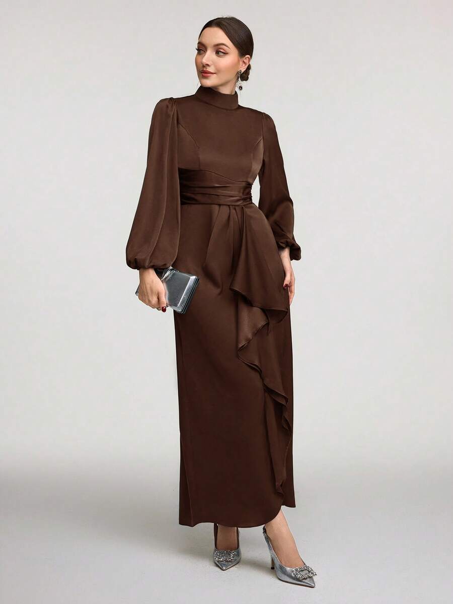 Veilorie Women Solid Color Stand Collar Ruffle Hem Long Sleeve Casual Dress Modest