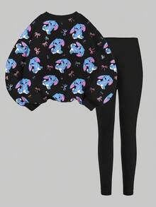 SHEIN 2pcs Tween Girls Casual Soft Round Neck Long Sleeve Sweatshirt & Leggings Set, Featuring Cute Cartoon Blue Rabbit Lulu, Bow, Stitch Pattern, Suitable For Autumn/Winter - Multicolor - View 2