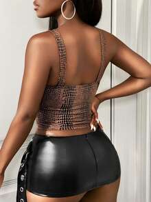 SHEIN BamGlam Débardeur court ajusté sexy à col V profond avec imprimé peau de serpent brillant pour femmes - Multicolore - Voir 2