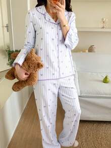 2pcs/Set Teen GirlApricot Butterfly Print Long Sleeve Cardigan And Pants, Casual And Comfortable Loungewear - Multicolor - View 5