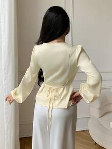 SHEIN LUNE Women's Waist-Cinched V-Neck Elegant Refined Satin Blouse, Long Sleeve - Apricot - View 2