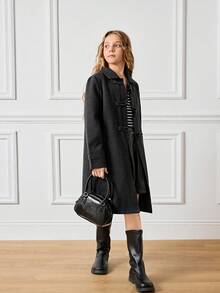 青少年女孩休闲长袖喇叭纽扣前夹克，秋冬 - 深灰色 - 查看 5