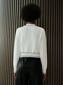 Lumivelle 撞色装饰创意时尚圆领长袖针织开衫 - 米色 - 查看 2