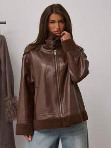 SHEIN BAE 女式拉链休闲仿保暖内衬夹克，秋冬款羊毛皮革复合面料夹克秋冬保暖外套，非常适合休闲街头装扮棕色夹克女式夹克 - 巧克力棕 - 查看 6