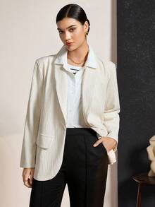 SHEIN LUNE Plus Size Single-Breasted Blazer For Women In Autumn And Winter, Suitable For Commuting, Autumn Casual Commuting Suit Jacket, Versatile Single Item, Apricot Suit Jacket, Women's Casual Waist-Length Long-Sleeved Lapel Thin Suit Jacket, Apricot, Autumn And Winter Old Money, Simple & Fashionable New Year Thanksgiving For Women Texture Fabric - Beige - View 10