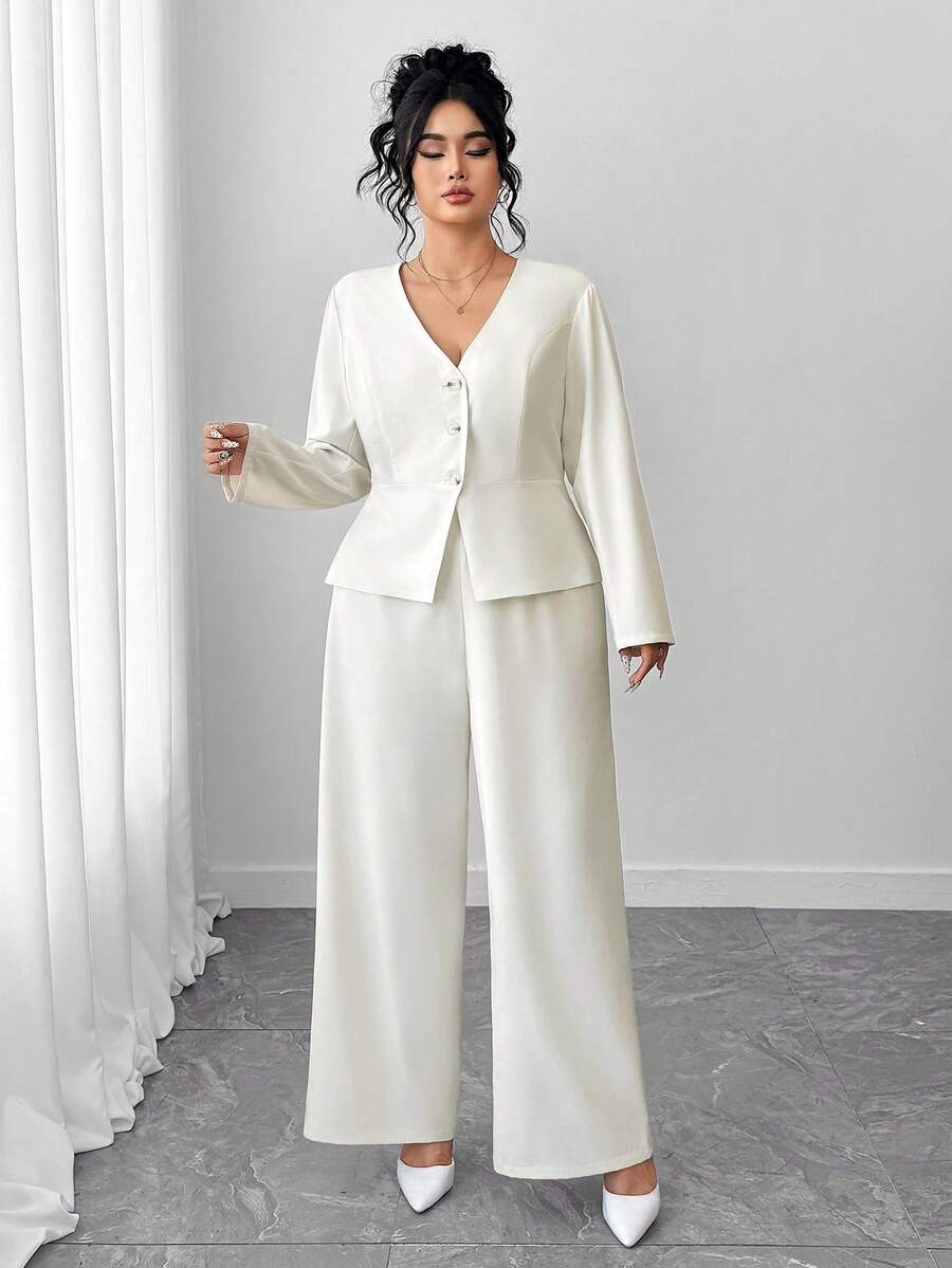 SHEIN Tall CURVE Women Elegant Long Sleeve Blazer And Pants Set, Business/Commuting Style, Suitable For Summer, Independence Day, Graduation, Back To School - White - View 1