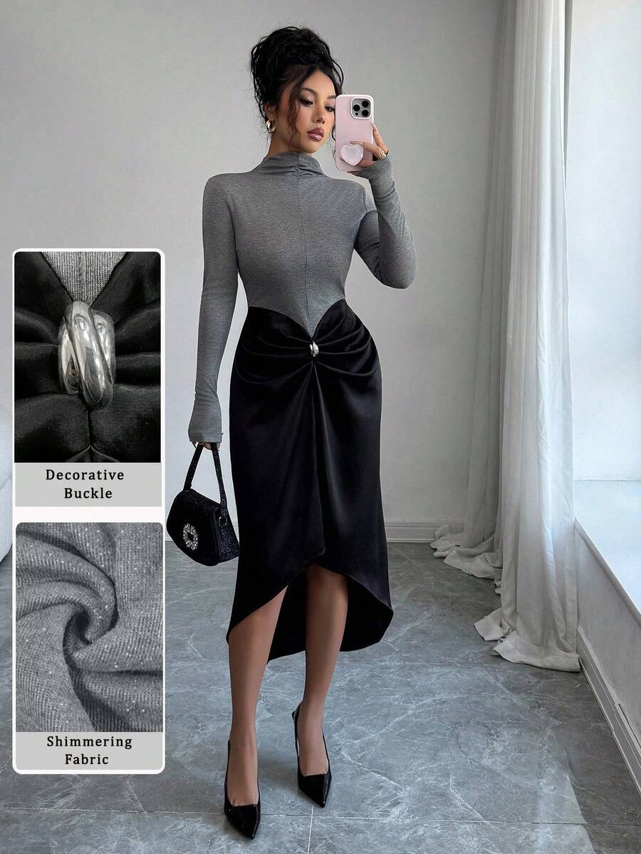 Modelyn Women's Color Block Elastic Fitted Waist Pleated Long Dress, Elegant High Neck Long Sleeve Asymmetrical Hem Dress