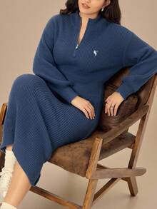 Juhart 大码女式纯色针织连衣裙，带海马图案，休闲毛衣裙，适合圣诞节、万圣节、返校季 - 寶藍色 - 查看 4