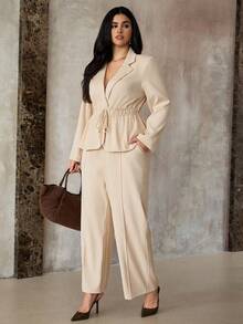 Roveilla Bộ 2 món áo khoác blazer tay dài và quần dài cổ điển tối giản thường ngày dành cho nữ cỡ lớn - Màu be - Xem 4