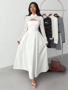 Teen Girl New Year Elegant Minimalist Refined Commuting Everyday New Year Chinese Collar Lace Splicing Puff Sleeve Side Pleated A-Line White Midi Dress For Girl,Tea Party Dress,White Graduation Dress, White Long-Sleeved Dress White Formal Dress White Lace Sleeve Dress White Maxi Dress White Elegant Dress