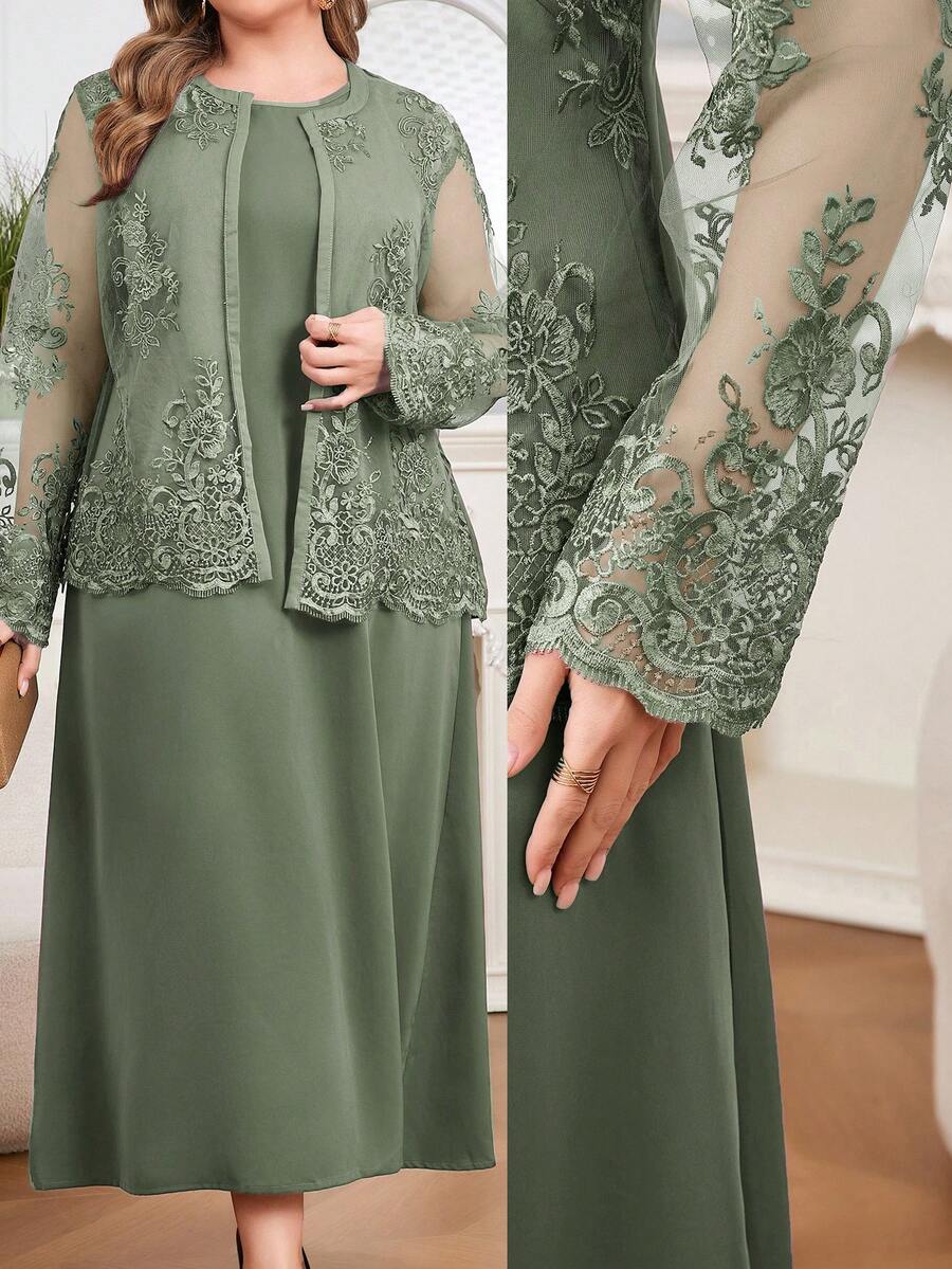 Modelyn Große Größen Lässiges, locker sitzendes, einfarbiges Ärmelloses Top und Langarm Cardigan 2 Stücke Set - Grün - Übersicht 1