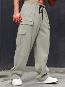 Manfinity Homme Quần Cargo nam màu trơn cỡ lớn có dây rút có túi, phong cách thường ngày, mùa thu - Màu be - Xem 4