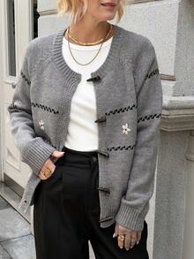 Vivie Lora Women's Gray Horizontal Striped Cardigan With Horn Buttons And Embroidered Floral Decor - Grey - View 4