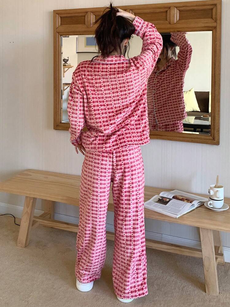 2pcs Women Cat & Plaid Print Loose Fit Pants And Long Sleeve Top Pajama Set, Autumn/Winter Fall Clothes