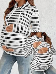 Fall,Maternity Autumn/Winter Striped Long Sleeve Drawstring Nursing T-Shirt - White - View 1
