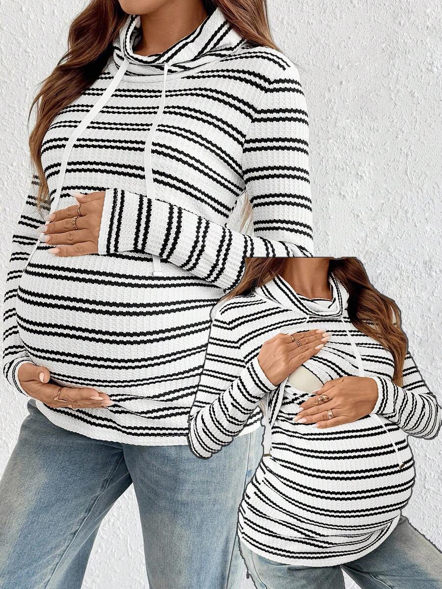 Fall,Maternity Autumn/Winter Striped Long Sleeve Drawstring Nursing T-Shirt - White - View 1