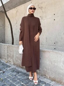 DAZY Set de 2 piezas: Vestido largo de cuello alto de unicolor y Cárdigan de punto, estilo casual de otoño para mujer - Café integral - Ver 6